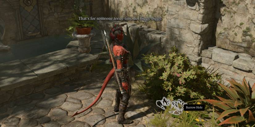 Baldur's Gate 3, Karlach The Red Tiefling Looks At A Burrow Hole Saying The Line