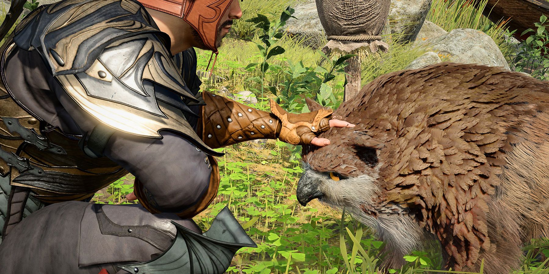 Baldur's Gate 3 Tav petting owlbear cub in Act 1 screenshot