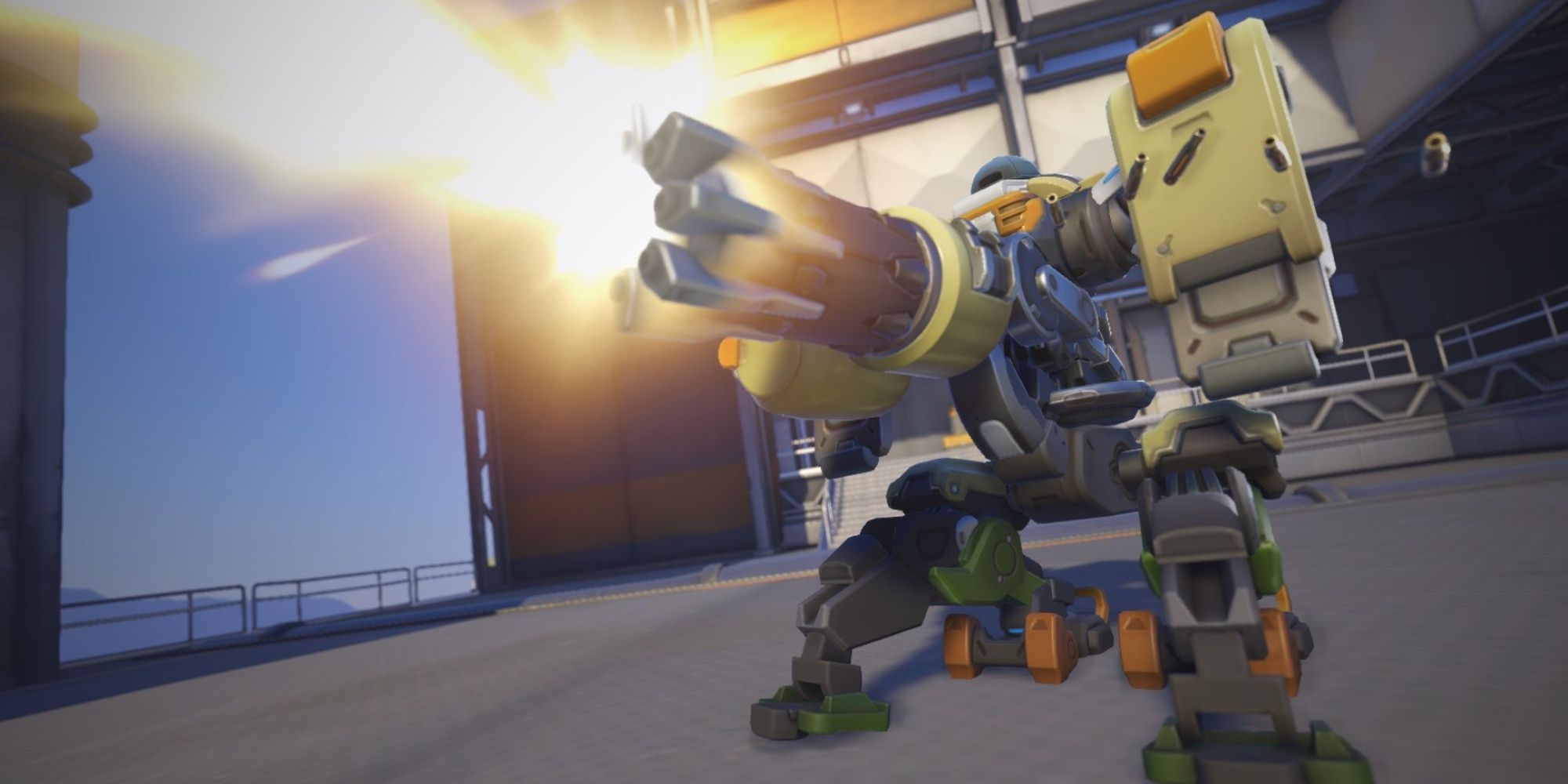 Bastion from Overwatch 2 fires bullets in his turret mode.