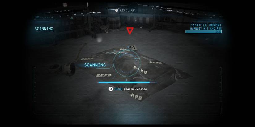 Perspective of Batman, using his detective vision to scan a covered body at a crime scene.