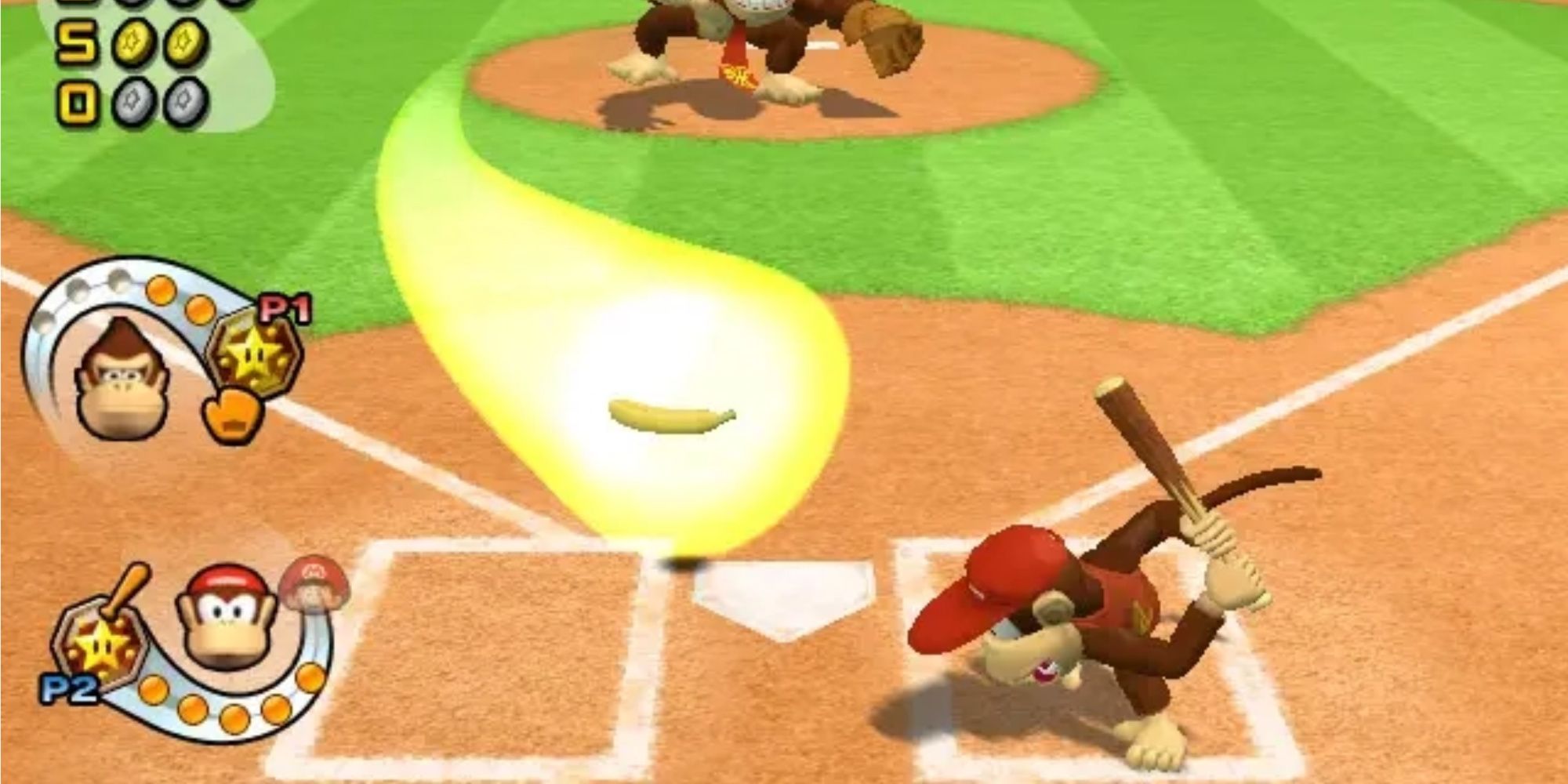 Batting as Diddy Kong in Mario Superstar Baseball
