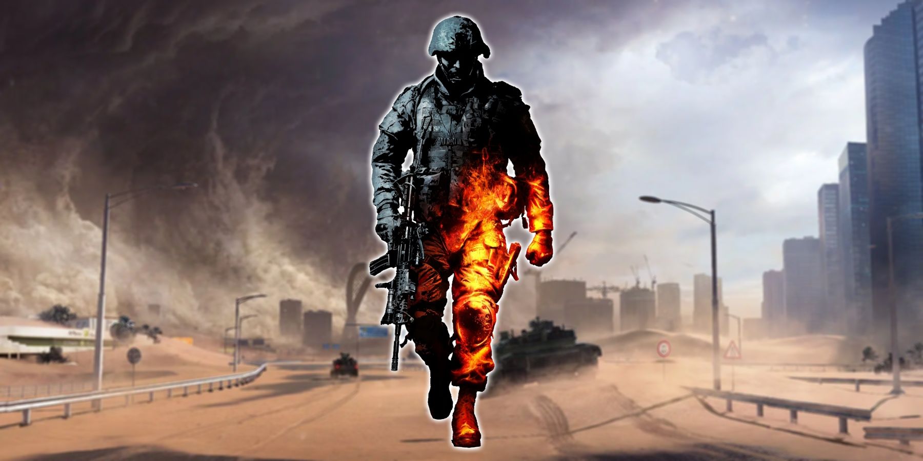 Battlefield 2042 screenshot blurred and overlaid with Bad Company promo art