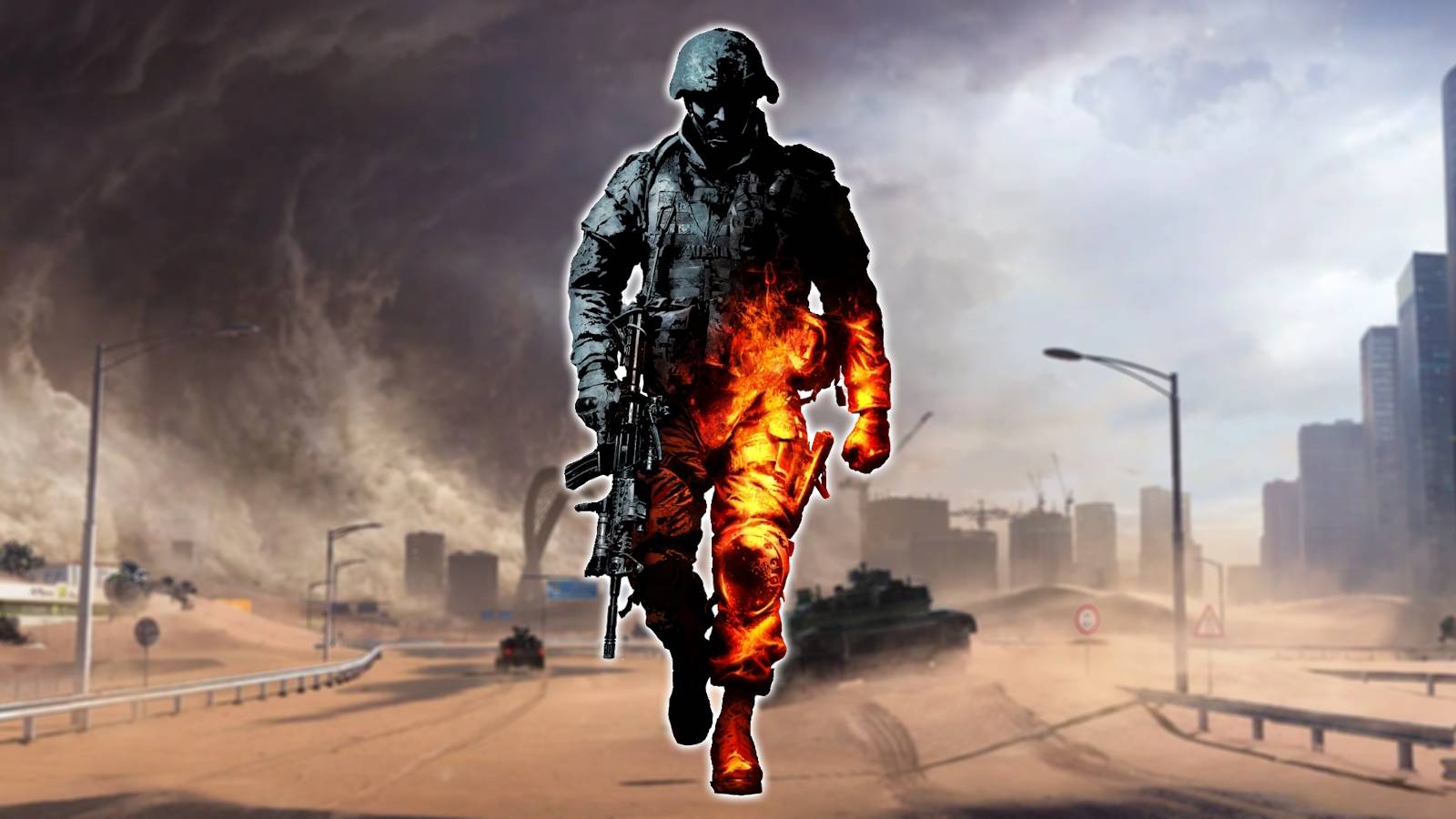 Battlefield 2042 screenshot blurred and overlaid with Bad Company promo art