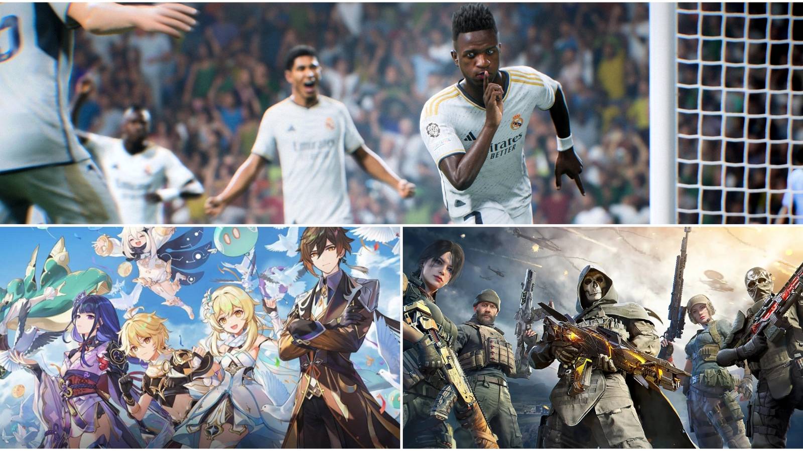 Split image showing Ea Sports FC Mobile, COD Mobile, and Genshin Impact.