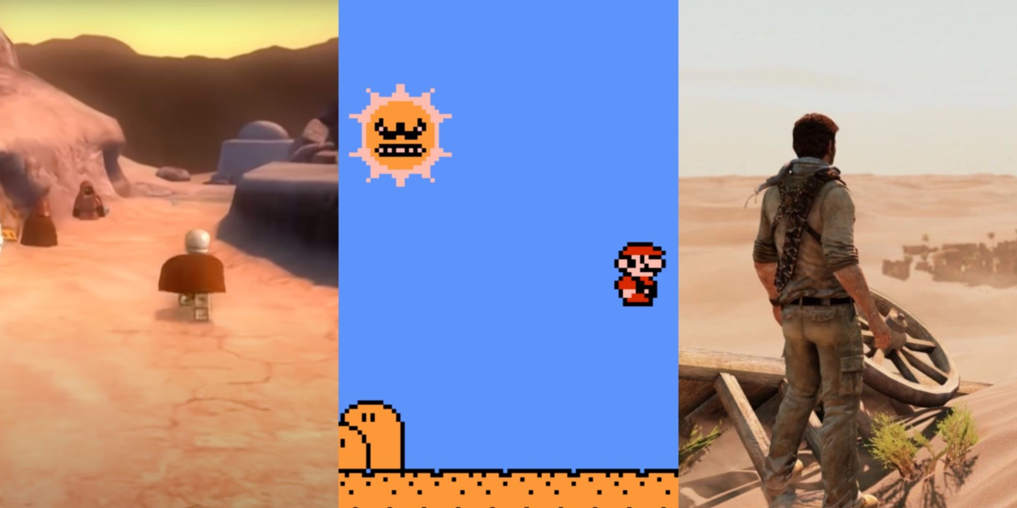 Screenshots from Lego Star Wars, Mario bros 3 and uncharted 3
