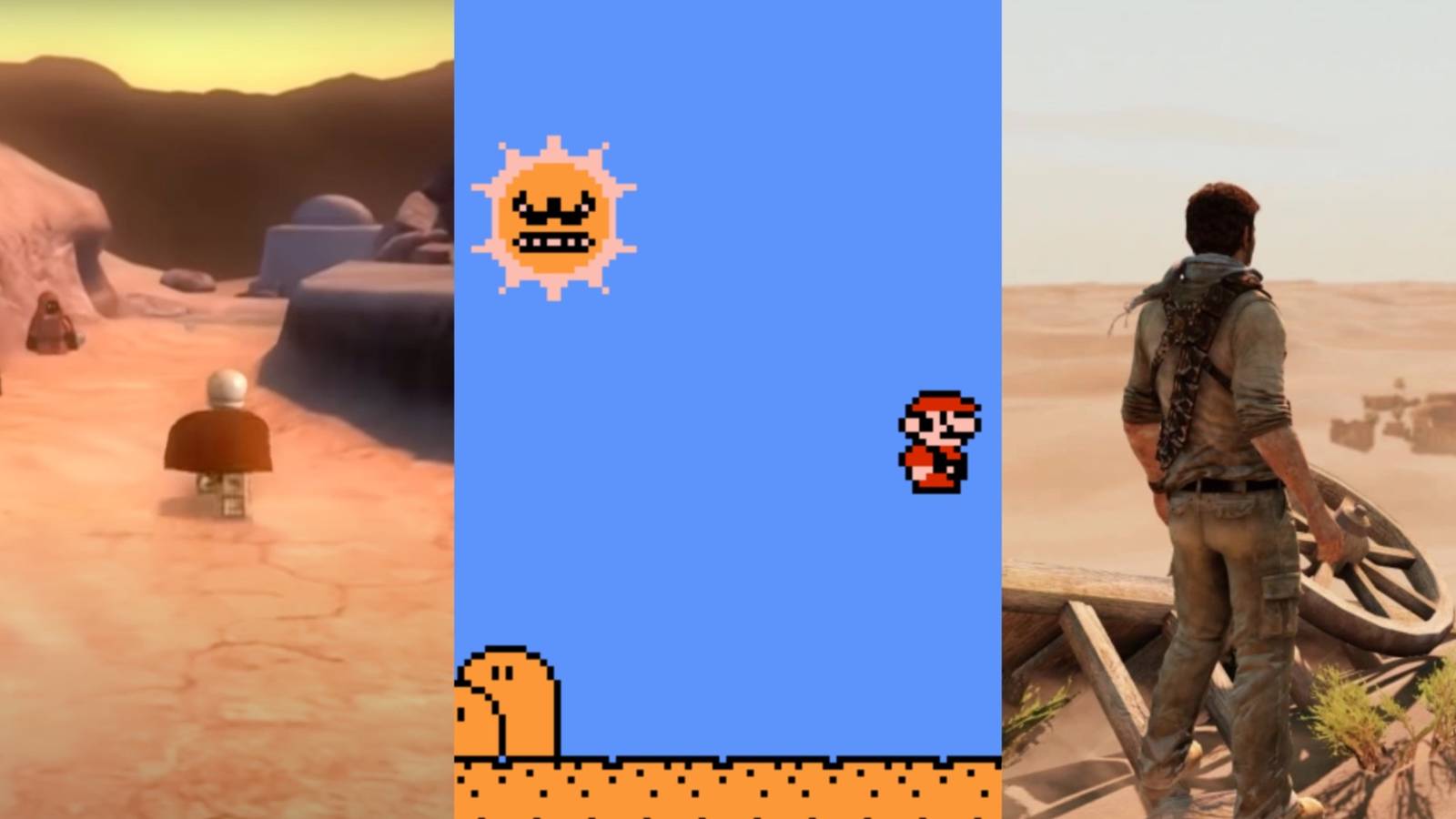Screenshots from Lego Star Wars, Mario bros 3 and uncharted 3