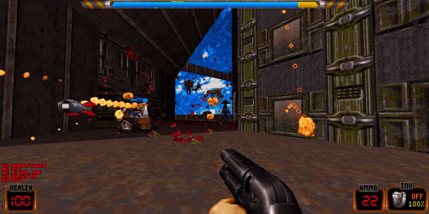 Duke pointing a shotgun in a spaceship with aliens nearby
