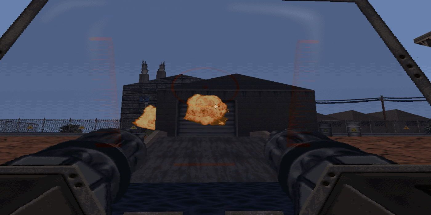 Duke aiming a turret at an exploding warehouse