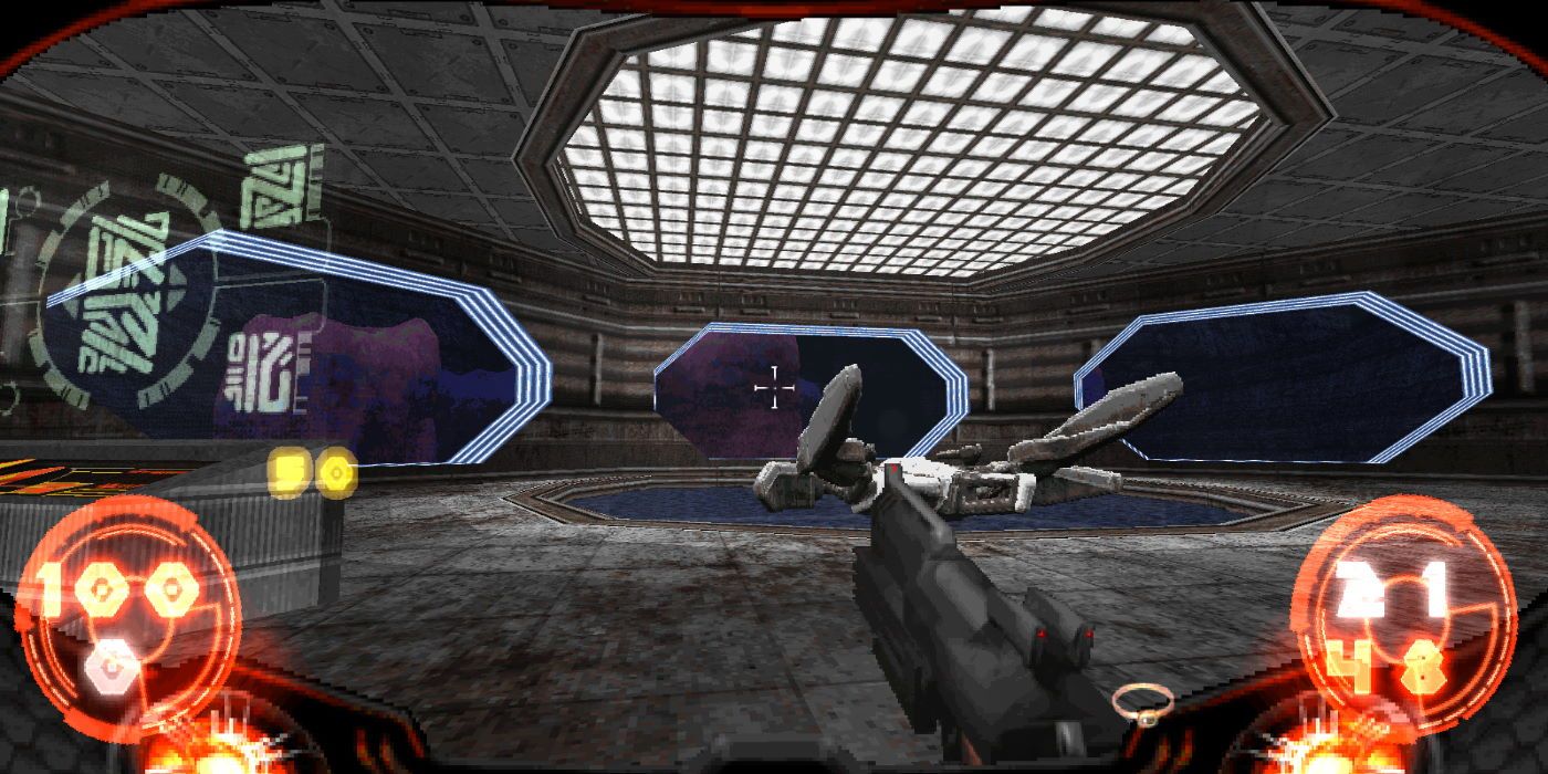 A spaceship interior with a ship, various lights on the HUD and a futuristic gun