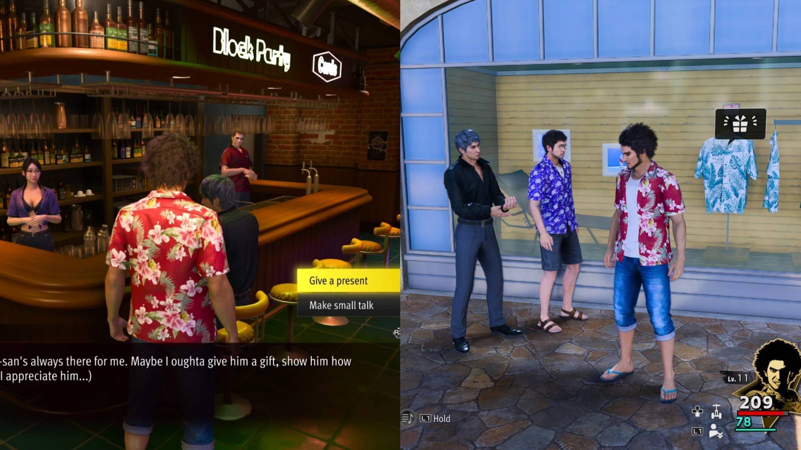 Split image showing Kasuga Ichiban buying and gifting Kiryu.