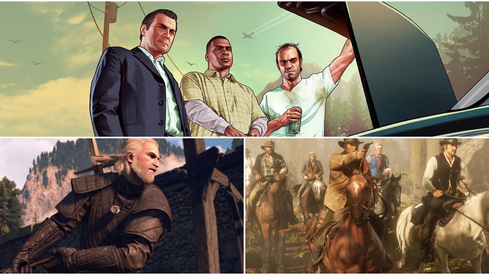 Split images showing GTA V, The Witcher 3, and RDR2.