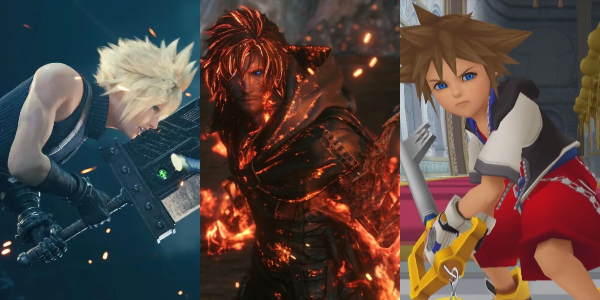A collage of some of Square Enix's best Action RPGs: Final Fantasy 7 Remake, Final Fantasy 16 and the Kingdom Hearts series.