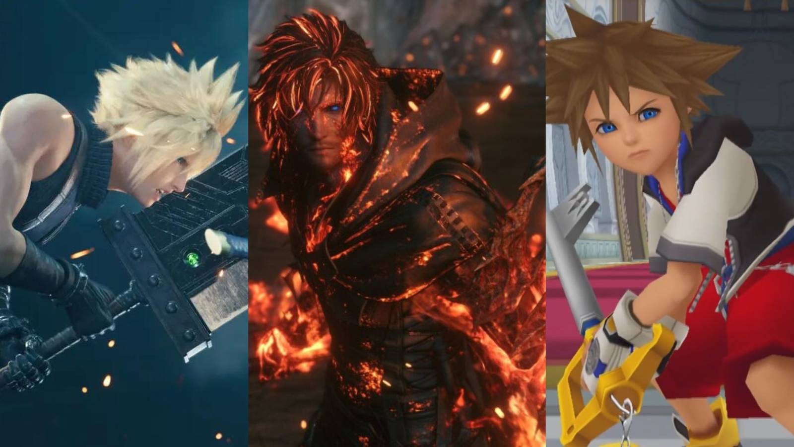 A collage of some of Square Enix's best Action RPGs: Final Fantasy 7 Remake, Final Fantasy 16 and the Kingdom Hearts series.