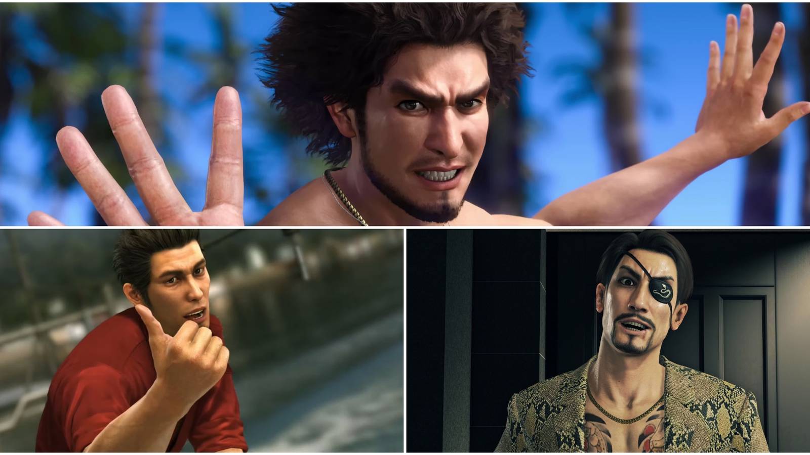 Split image showing Kiryu Kazama, Ichiban Kasuga, and Goro Majima.