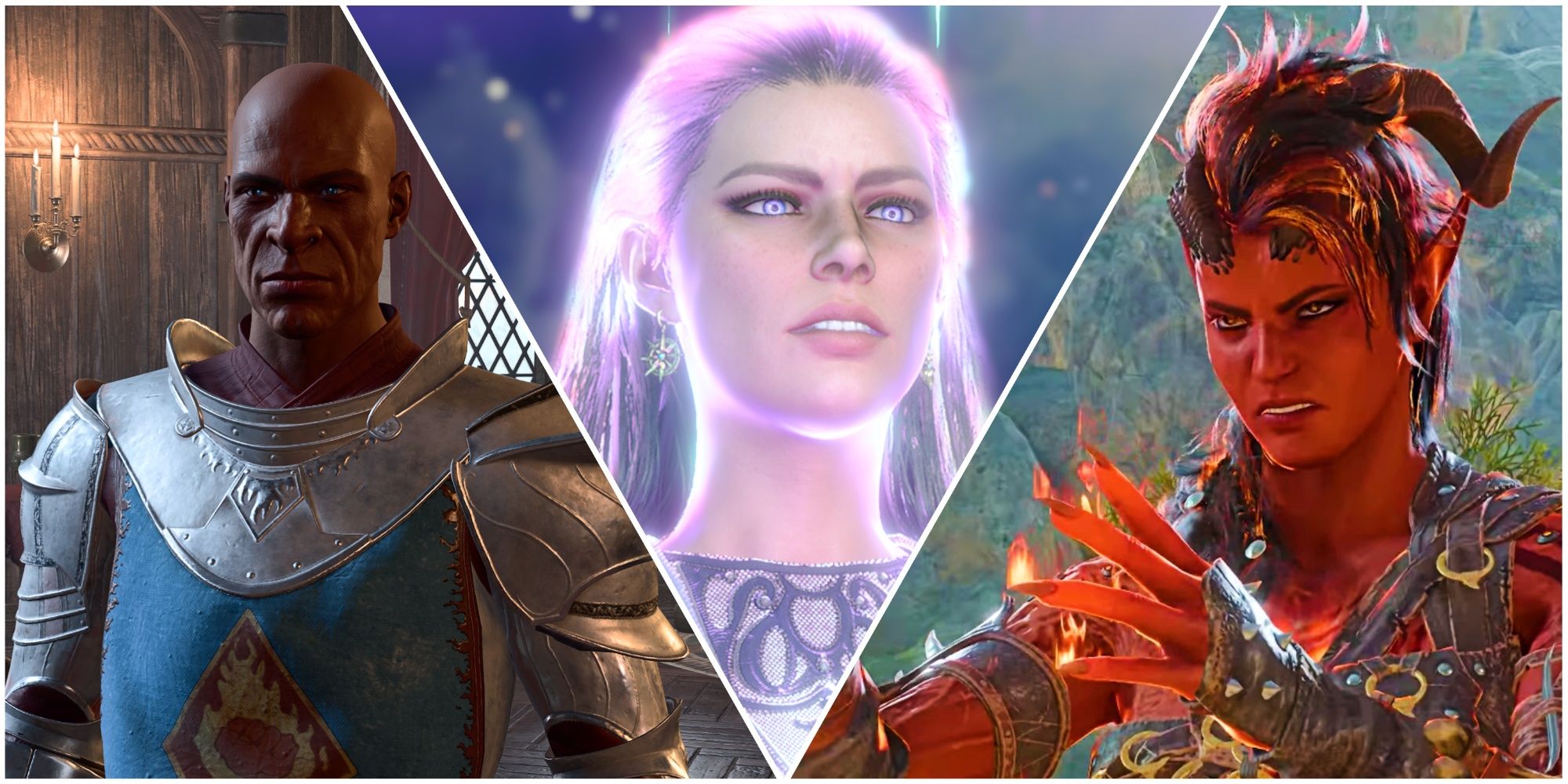 A split image featuring three characters from Baldur's Gate 3: Ulder Ravenguard on the left, Mystra in the middle, and Karlach on the right.