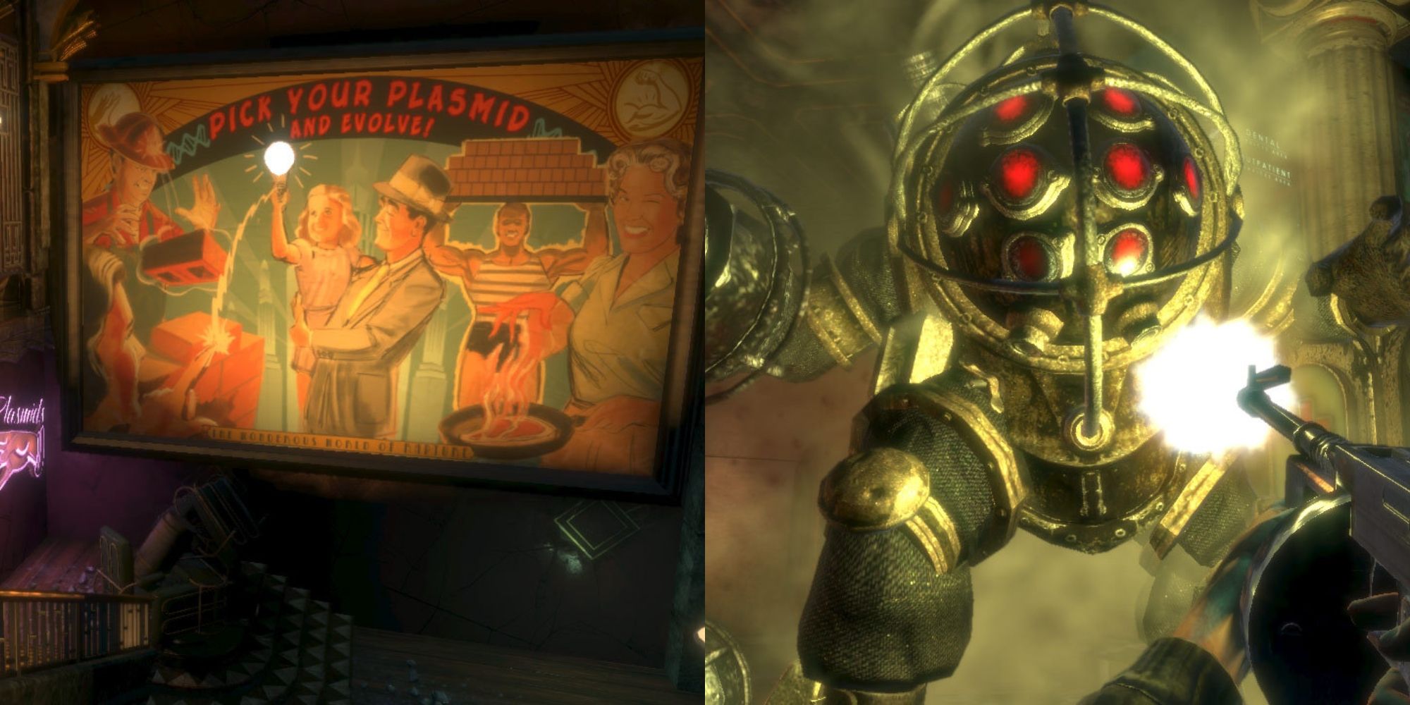 BioShock environment poster saying 'pick your plasmid and evolve' next to the player being attacked by an enemy