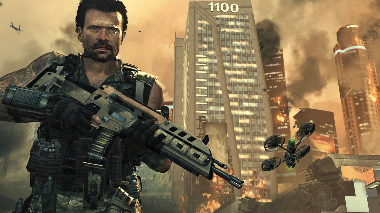 Black Ops 2 Mke Harper standing in front of a ruined city