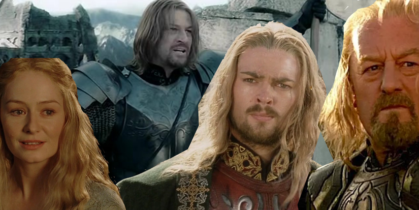eowyn, Eomer, king theoden and boromir holding his sword