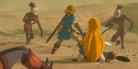 Link and Zelda surrounded by Yiga in a memory from The Legend of Zelda: Breath of the Wild