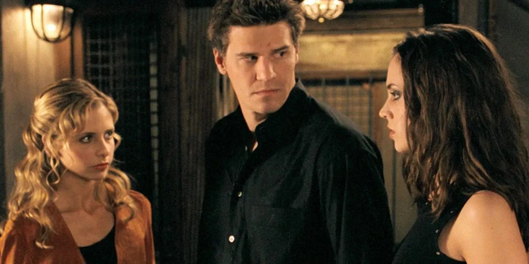 Buffy (Sarah Michelle Gellar), Angel (David Boreanaz), and Faith (Eliza Dushku) in Buffy The Vampire Slayer