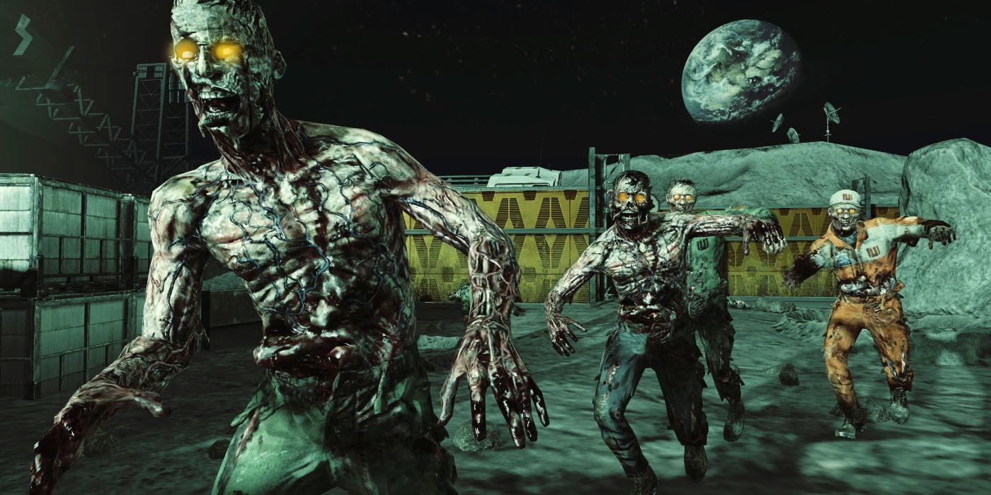 Zombies In Space on the surface of the moon while Earth floats