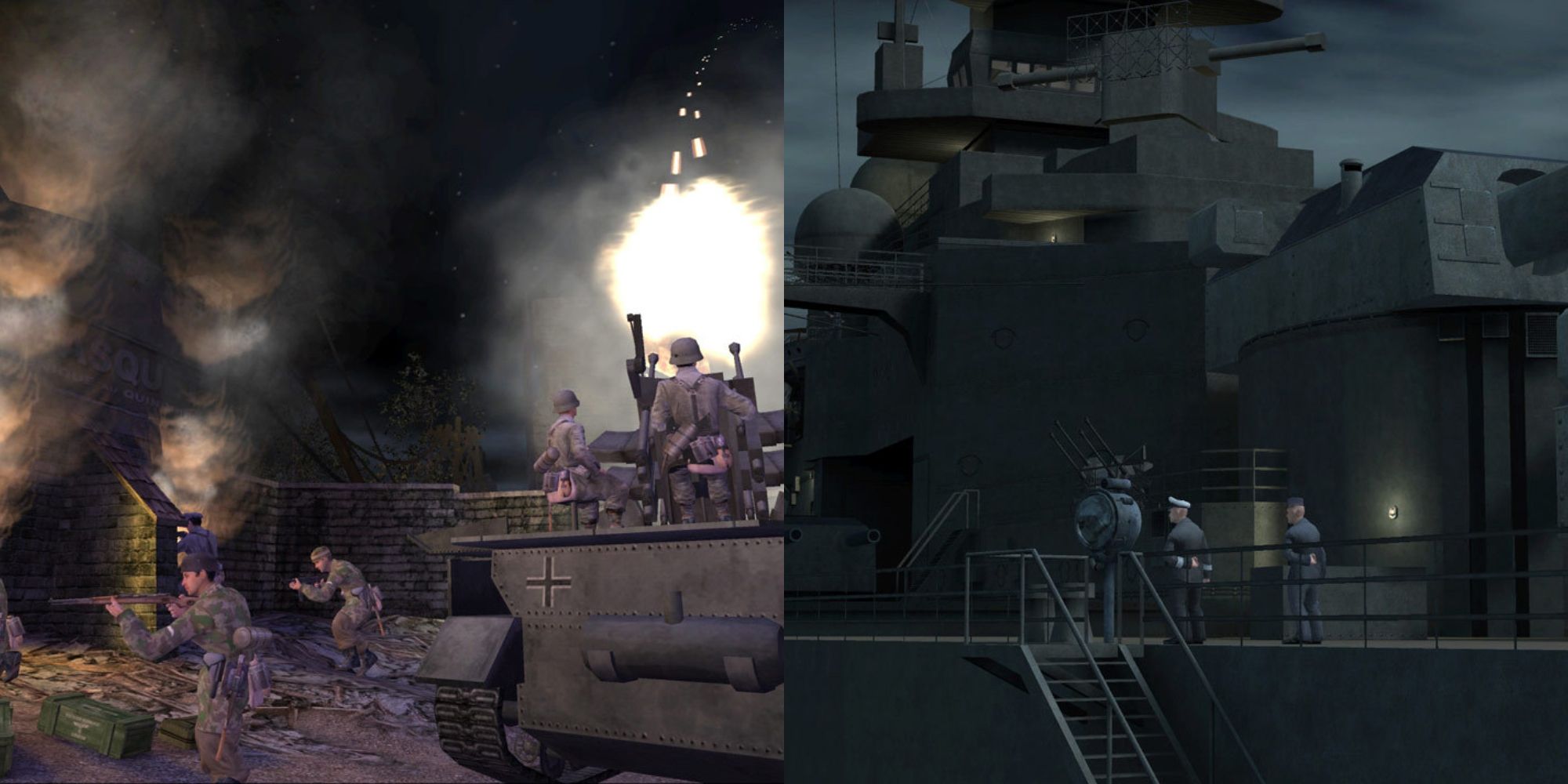 The first Call of Duty (2003) with soldiers in battle on a tank beside soldiers on a ship