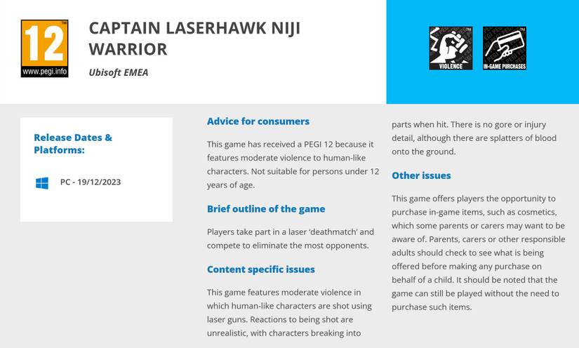 Captain Laserhawk Niji Warrior PEGI Rating