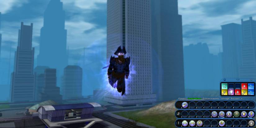 A character flying through Paragon City in City Of Heroes: Homecoming