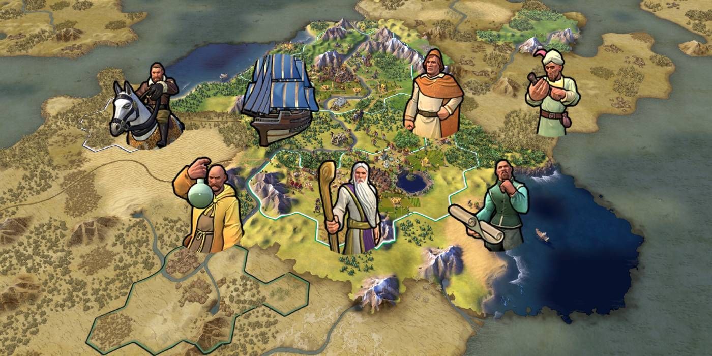 Portraits of Great People over a map from Civilization 6