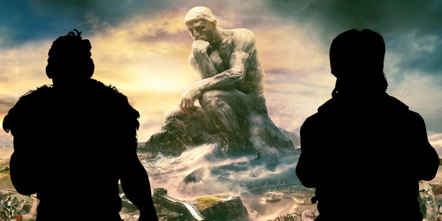 Silhouettes of Kupe and Kublai Khan with art of the Thinker from Civilization 6