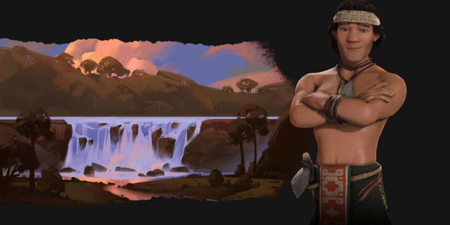 An image of Civilization 6's leader Lautaro in front of a waterfall