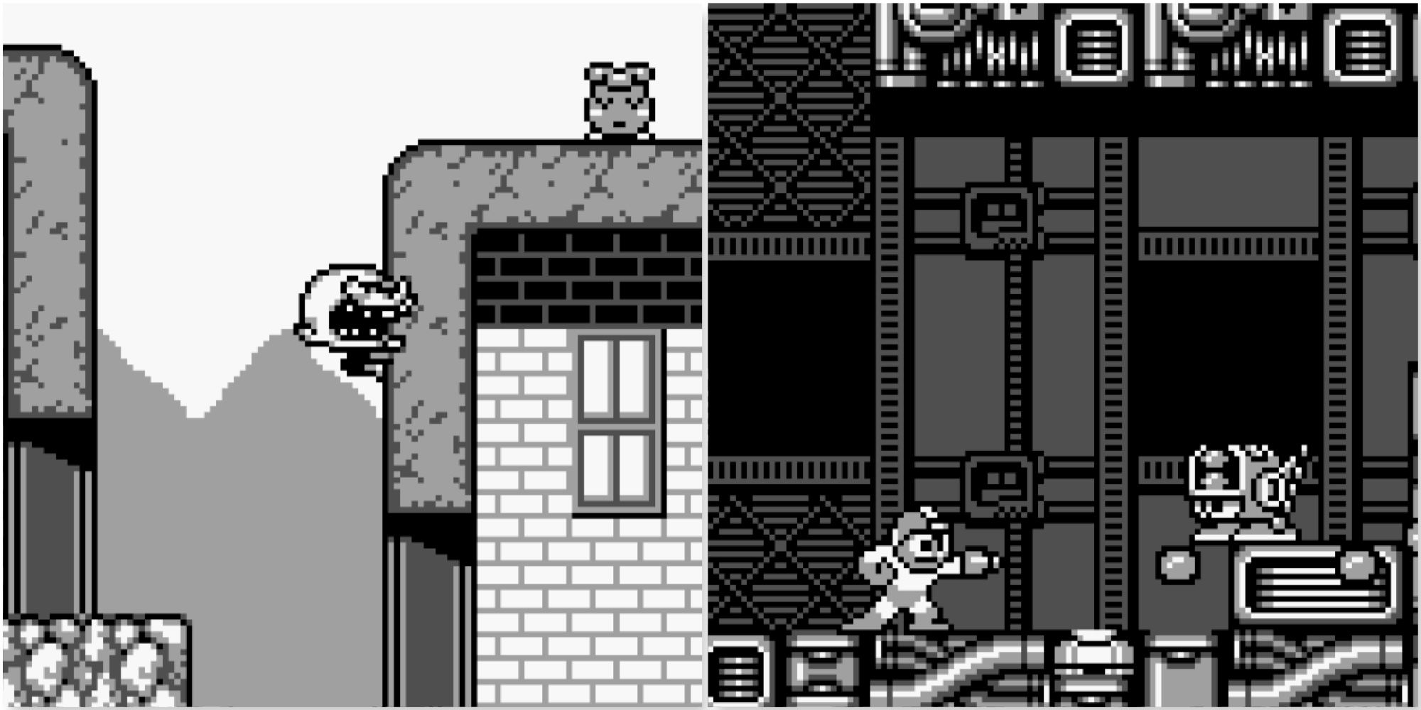 Climbing a wall in Bonk’s Revenge and shooting enemies in Mega Man 5