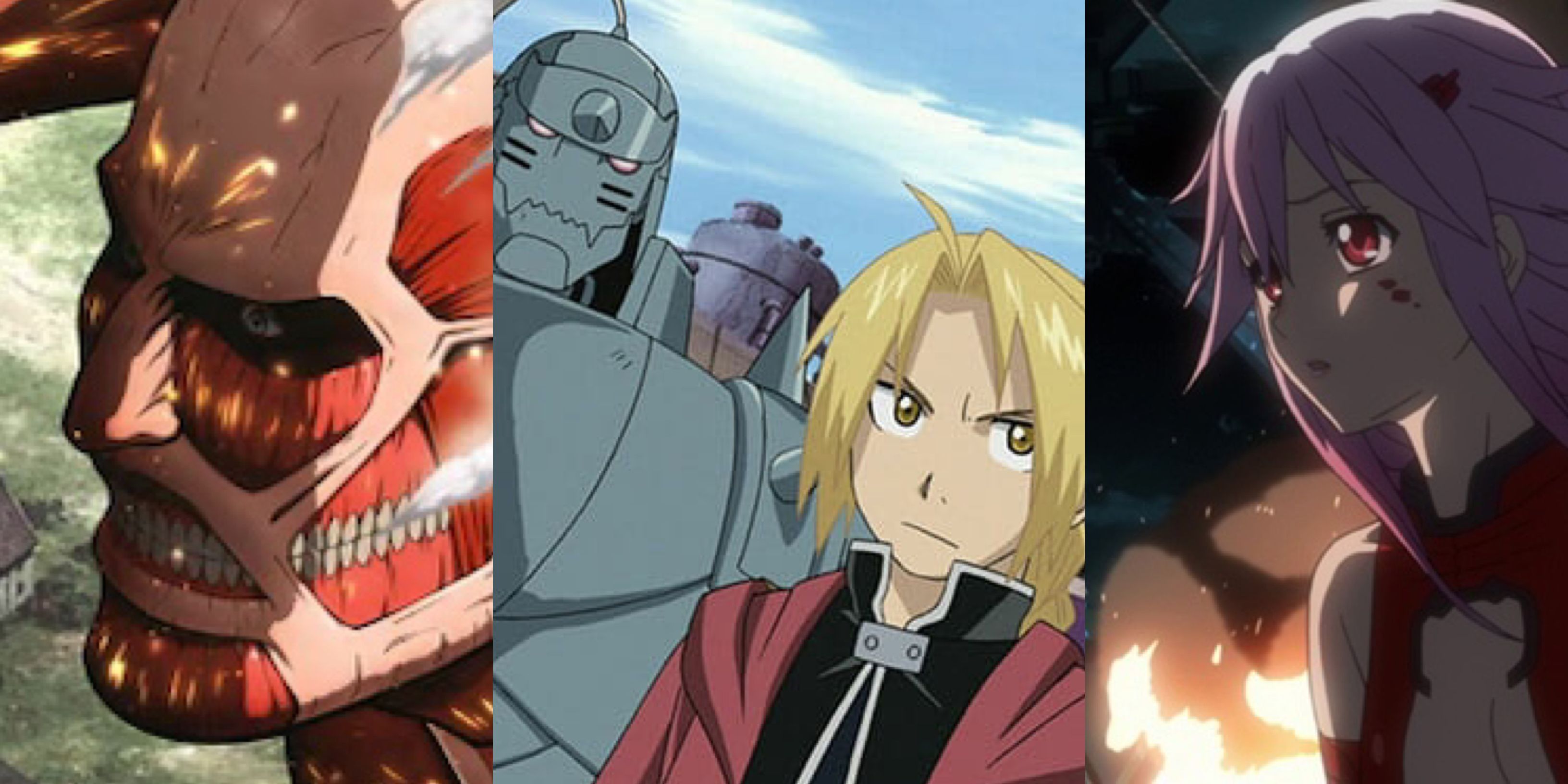 Anime similar to Chained Soldier: Attack on Titan (left), Fullmetal Alchemist: Brotherhood (middle), Guilty Crown (right)