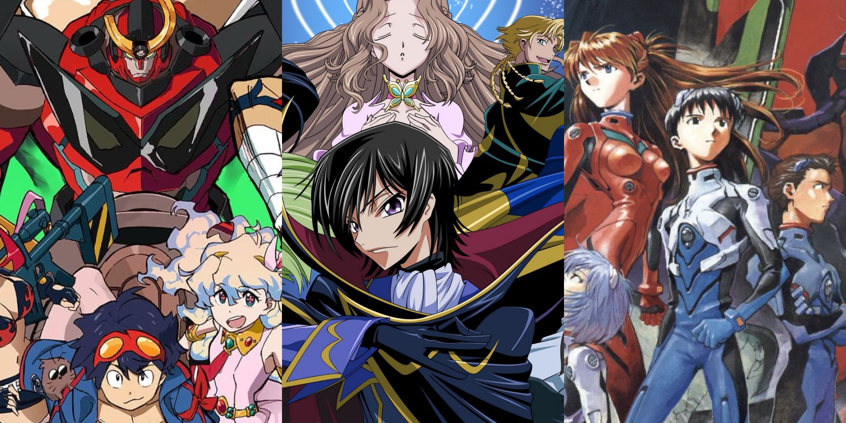 Best Mecha Anime: Gurran Lagann (left), Code Geass (middle), Neon Genesis Evangelion (right)