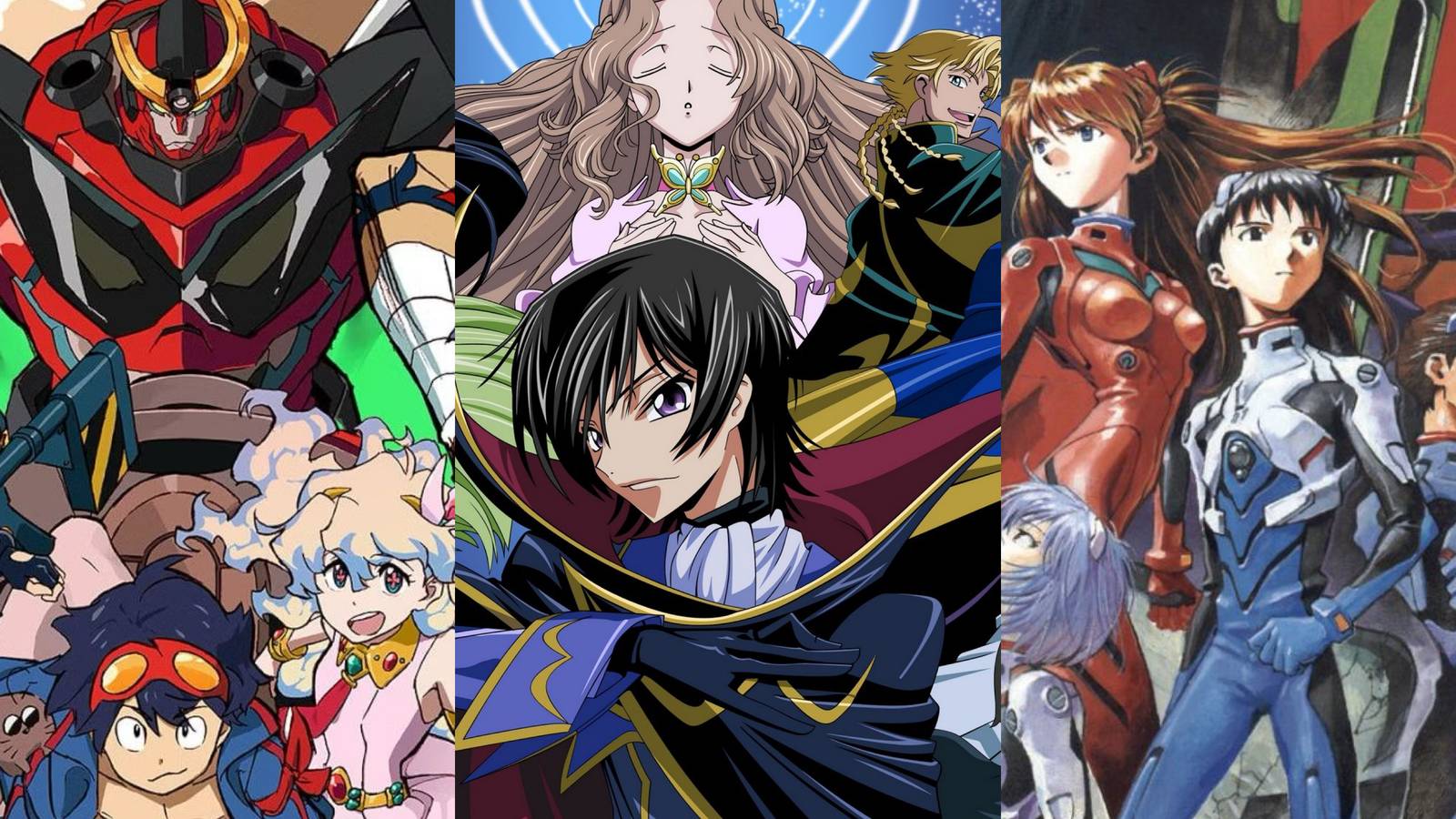 Best Mecha Anime: Gurran Lagann (left), Code Geass (middle), Neon Genesis Evangelion (right)
