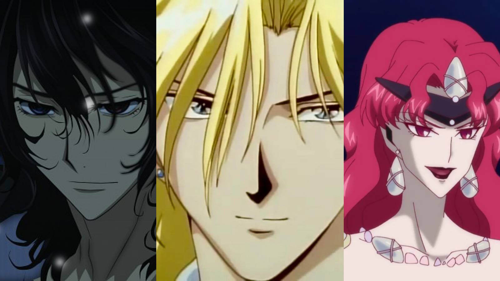 Poweful Shojo Villains: Rido Kuran (left), Nakago (middle),  and Queen Beryl (right)