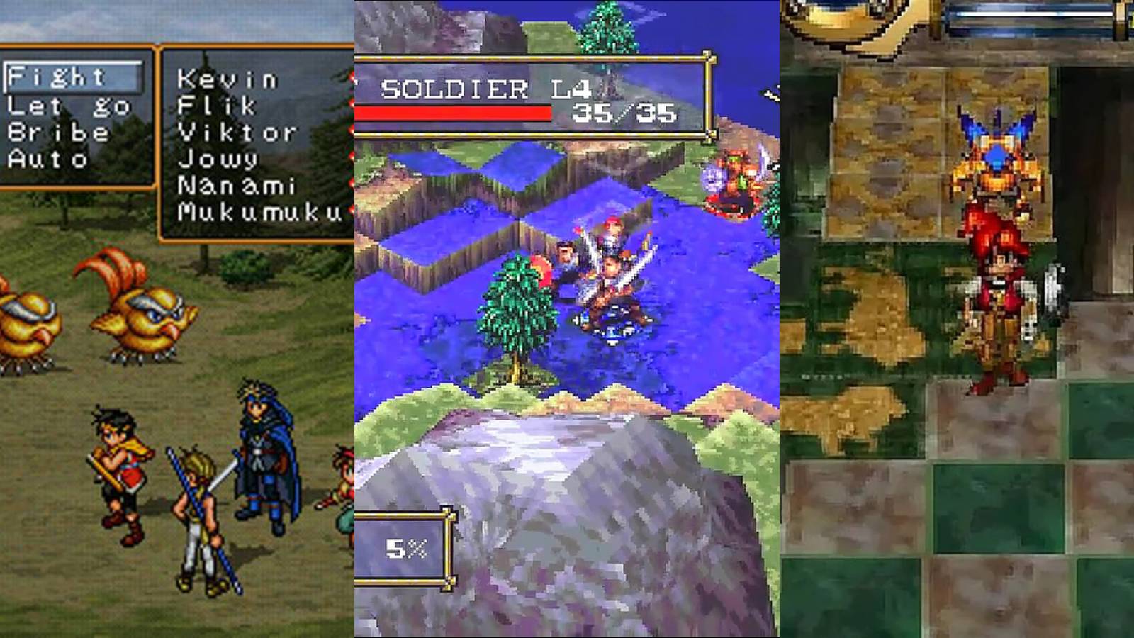 Best Konami RPGs: Suikoden II (left), Vandal Hearts (middle), and Azure Dreams (right)