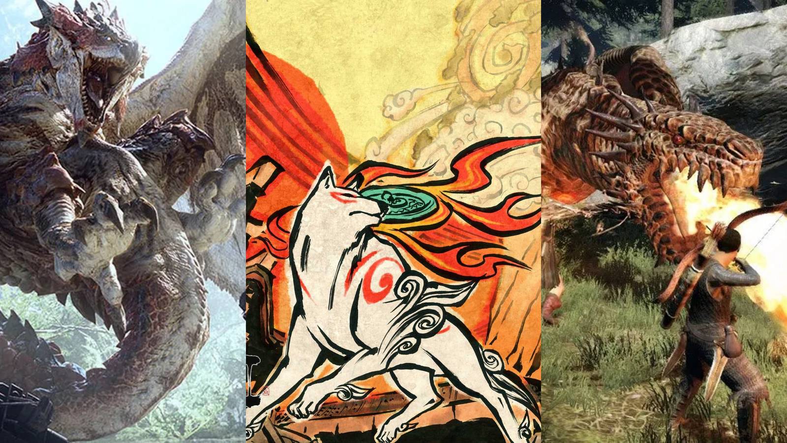 The Best Capcom RPGs: Monster Hunter: World (left), Ōkami (middle), and Dragon's Dogma (right)