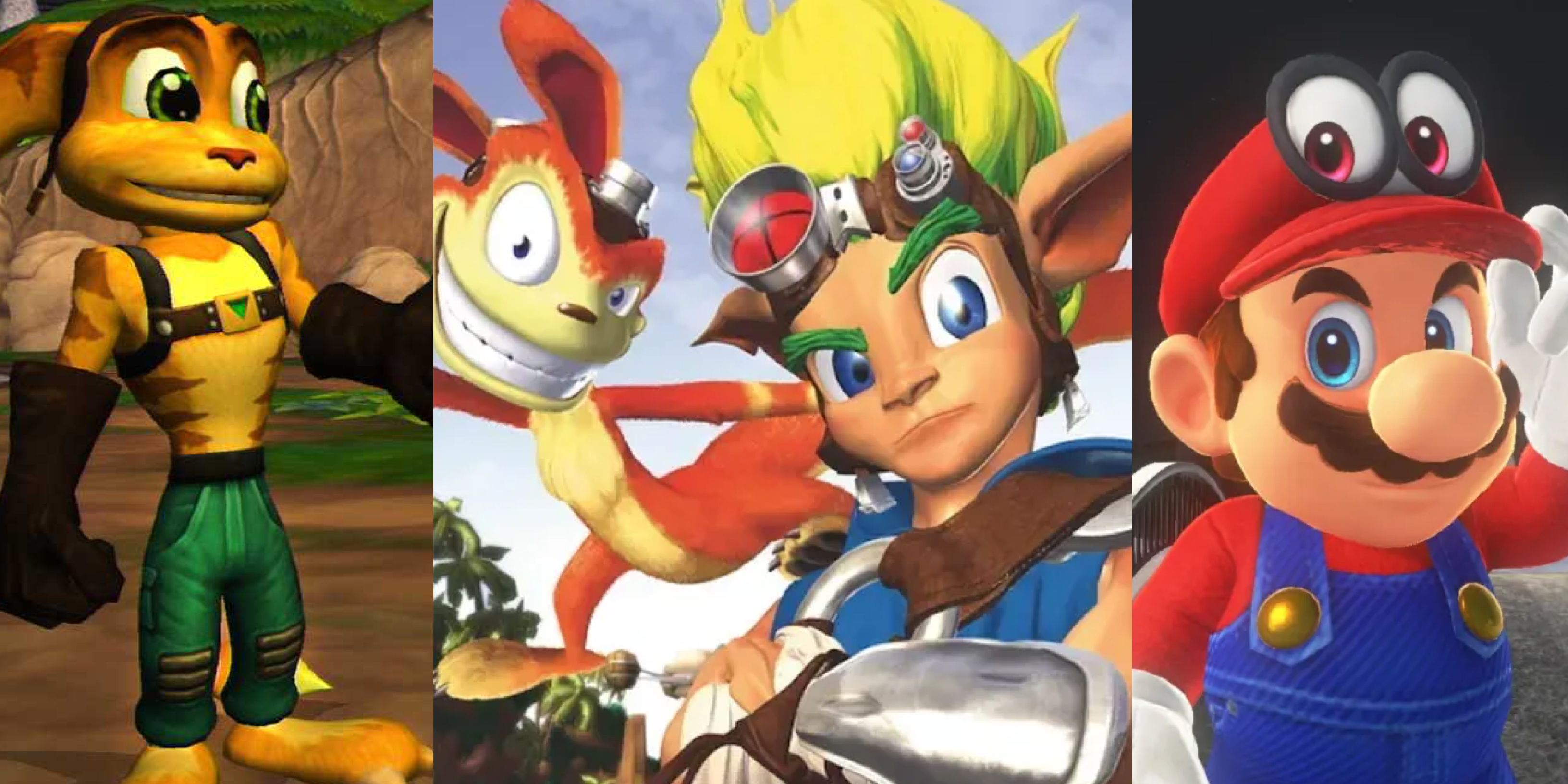 Best 3D Platformers for Combat: Ratchet and Clank (left), Jak and Daxter: The Precursor Legacy (middle), and Super Mario Odyssey (right)