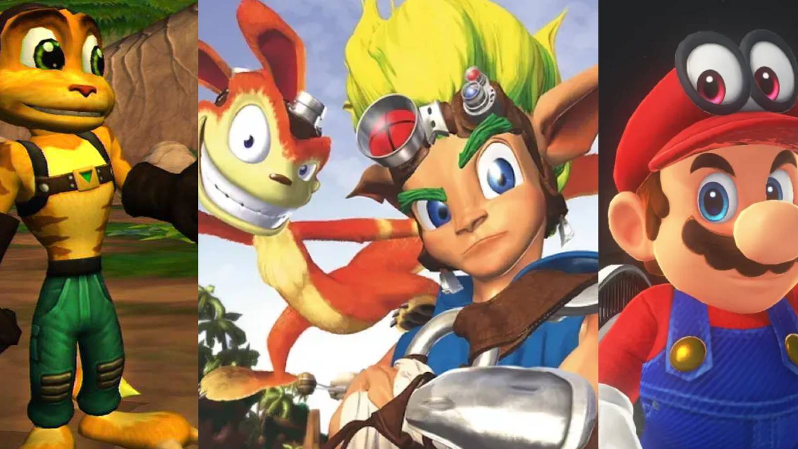 Best 3D Platformers for Combat: Ratchet and Clank (left), Jak and Daxter: The Precursor Legacy (middle), and Super Mario Odyssey (right)