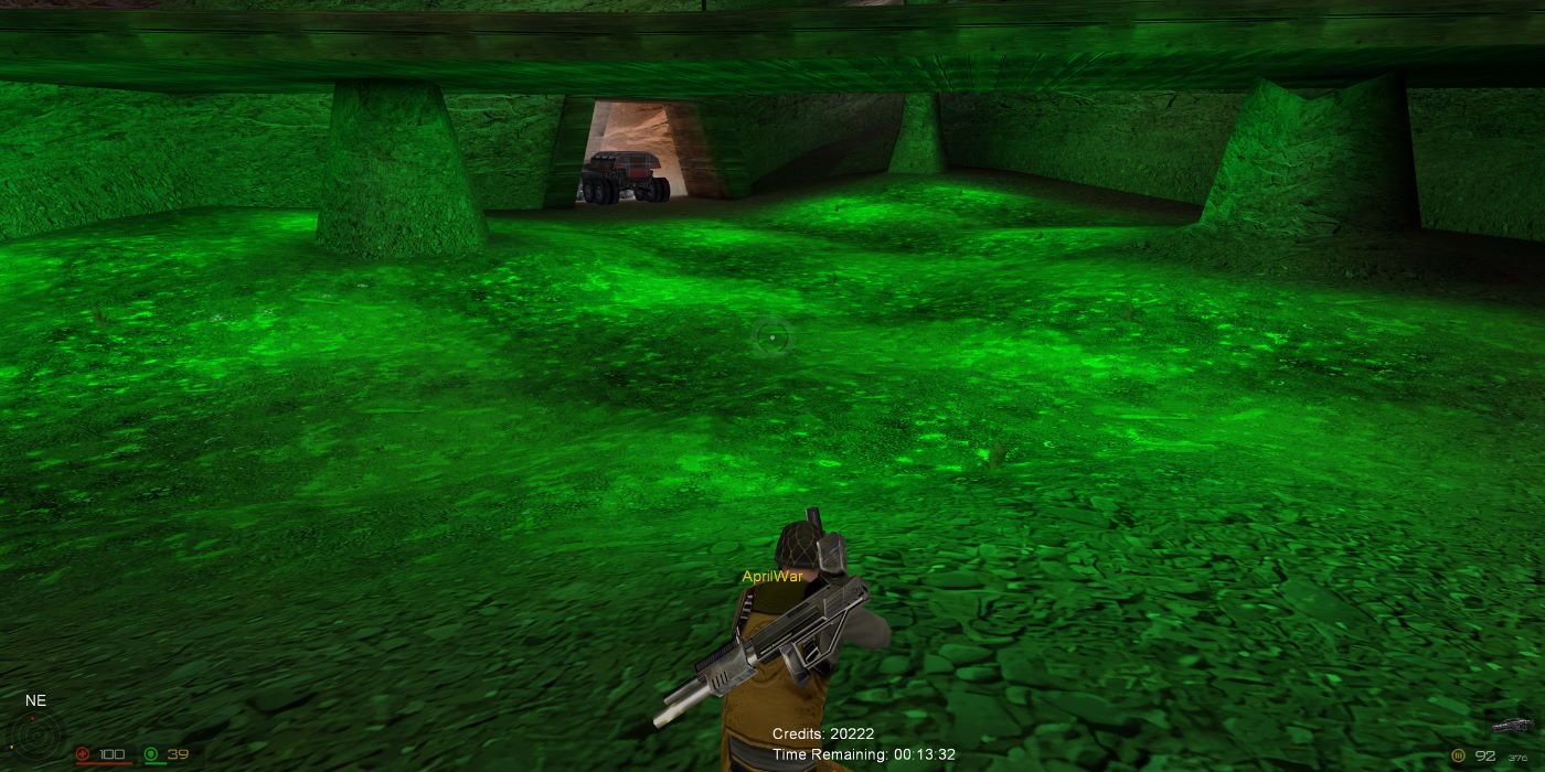 A field of Tiberium in a cave, a Harvester entering from afar, and a GDI soldier