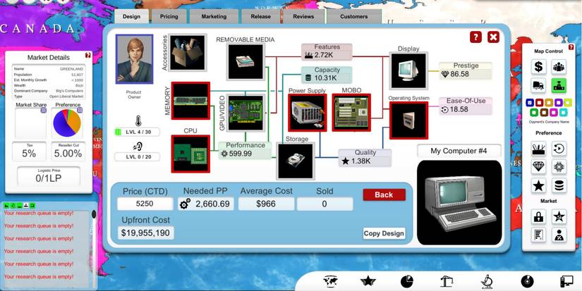 Management menu in Computer Tycoon.