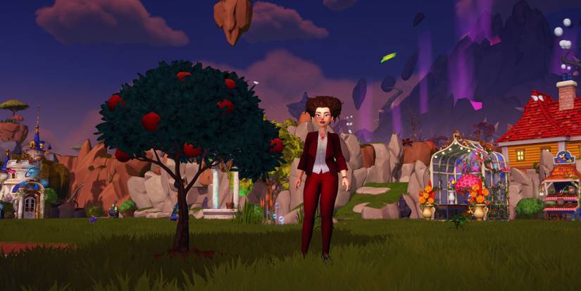 Standing next to an apple tree in Disney Dreamlight Valley.