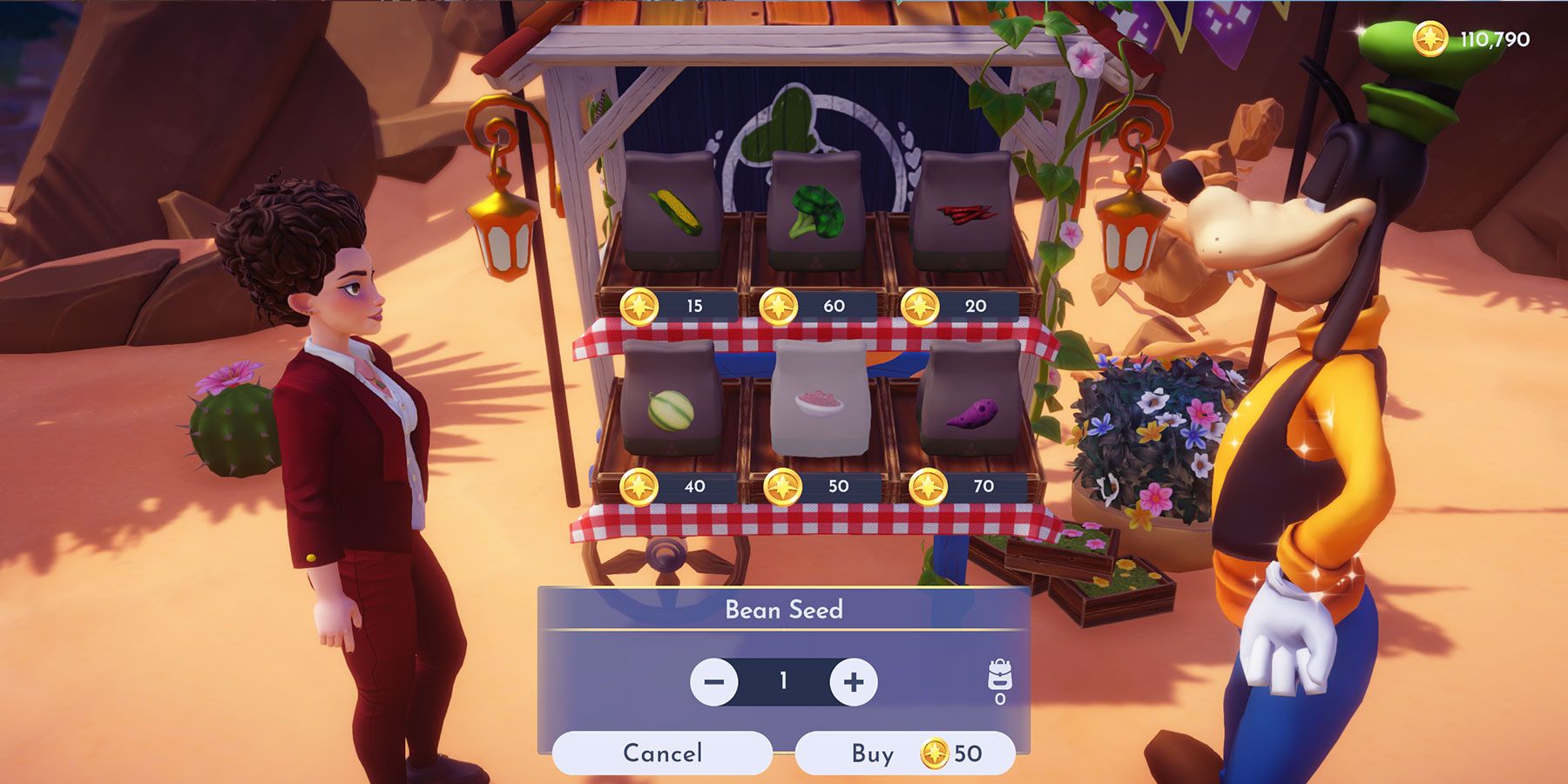 Buying Bean Seeds from Goofy's Stall in Disney Dreamlight Valley.