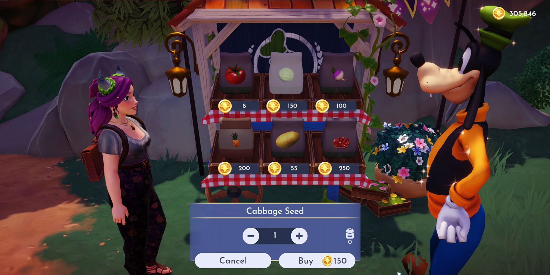 Buying Cabbage Seeds from Goofy's Stall in the Wild Tangle in Disney Dreamlight Valley