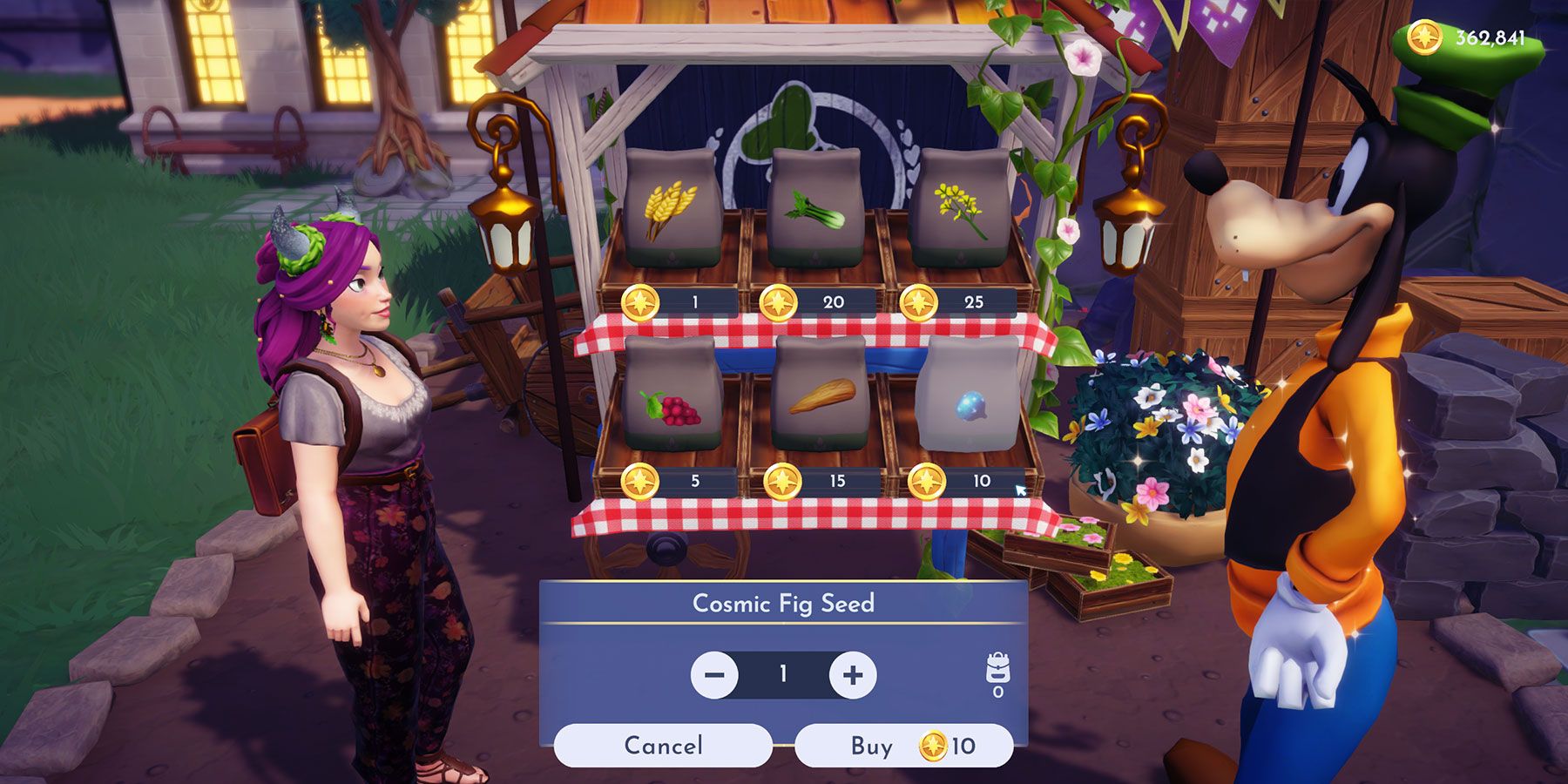 Buying Cosmic Fig Seeds from Goofy's Stall in Ancient's Landing in Eternity Isle in Disney Dreamlight Valley: A Rift in Time.