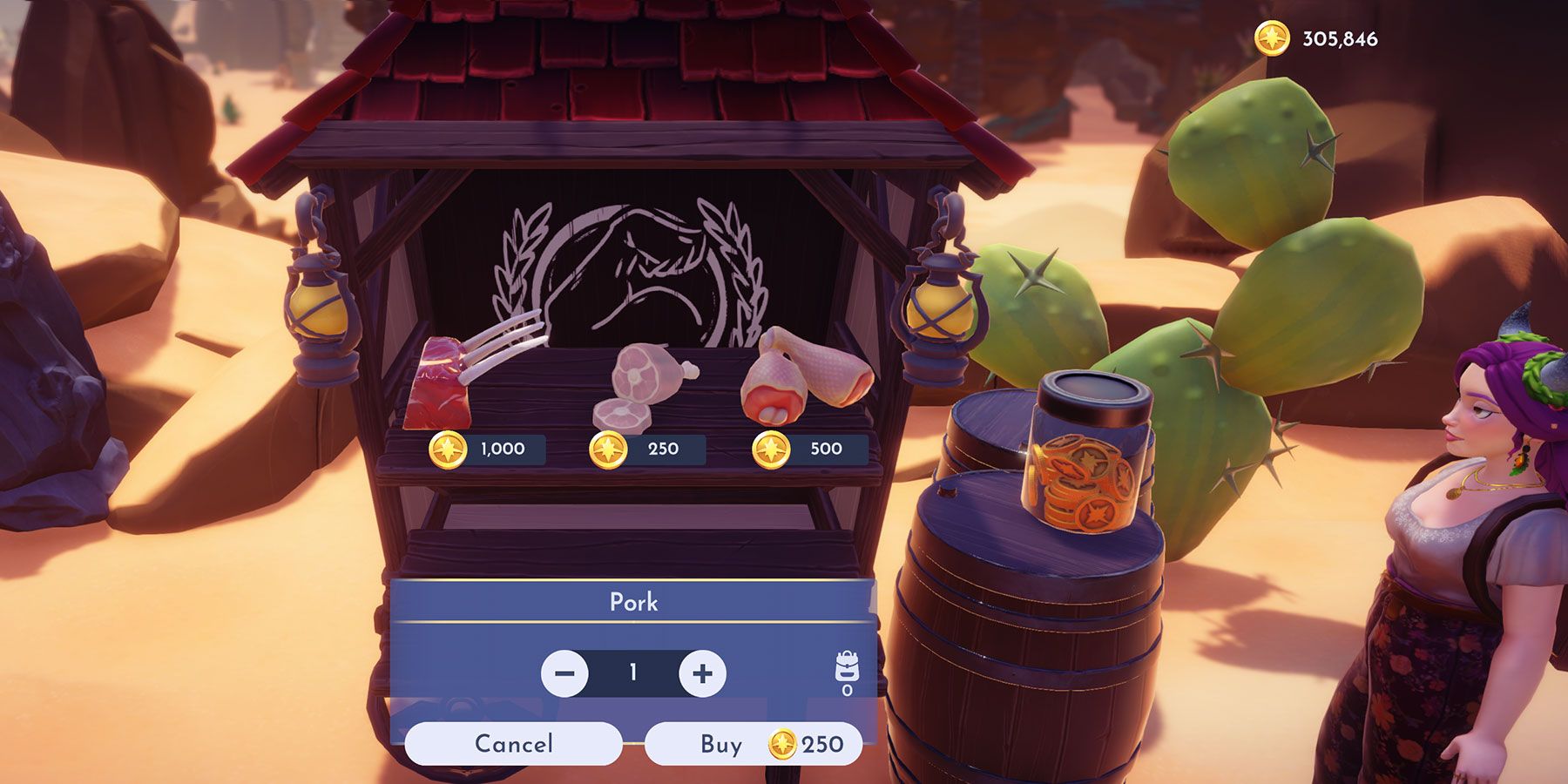 Buying Pork from Gaston's Meat Stall in Disney Dreamlight Valley A Rift in Time in Glittering Dunes