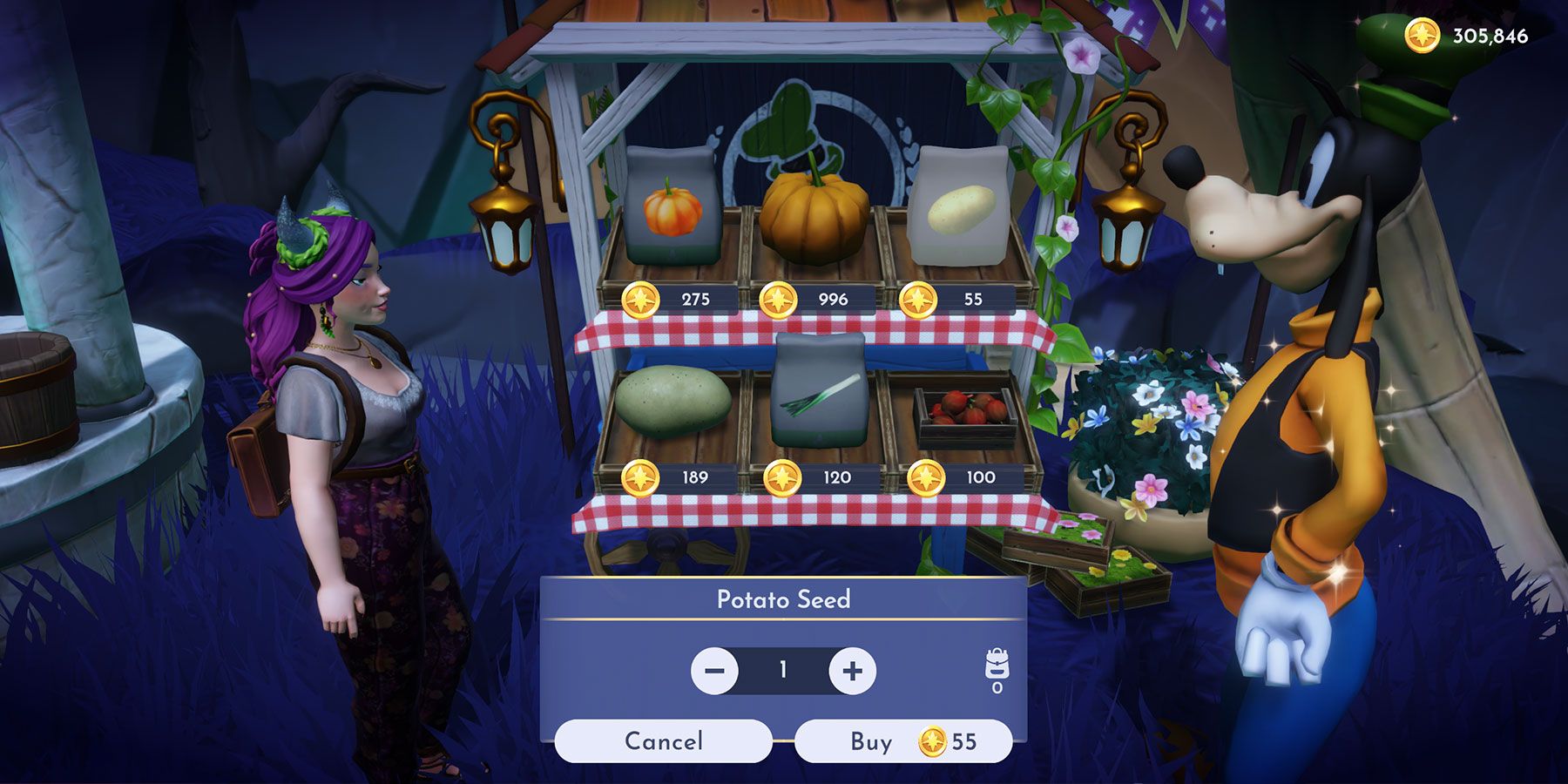 Buying Potato Seeds from Goofy's Stall in Forgotten Lands in Disney Dreamlight Valley