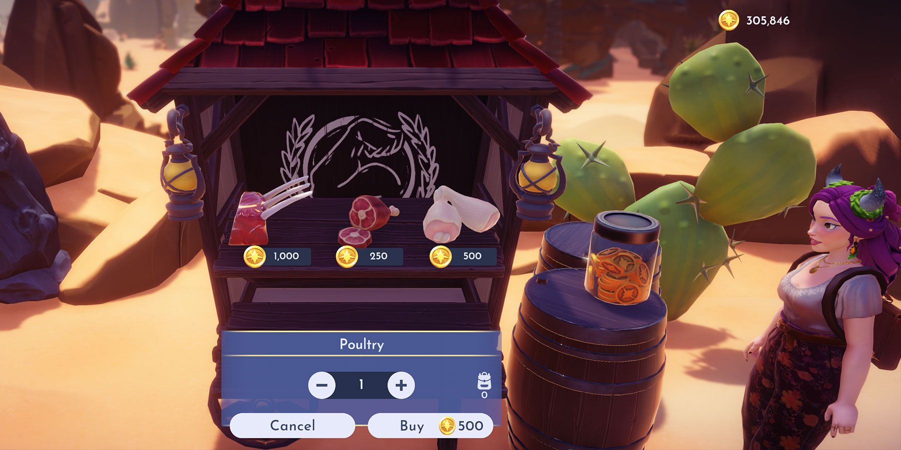 Buying Poultry from Gaston's Meat Stall in Disney Dreamlight Valley A Rift in Time in Glittering Dunes