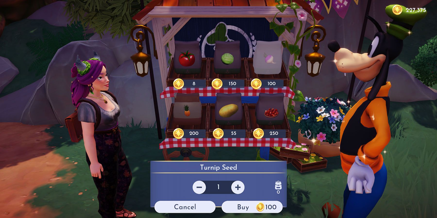 Buying Turnip Seeds from Goofy's Stall in Wild Tangle in Disney Dreamlight Valley